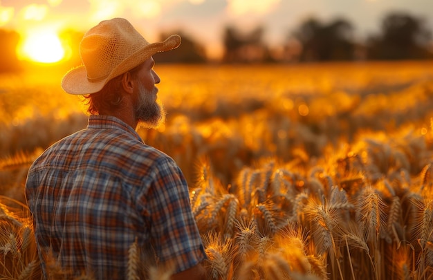 Foto un granjero de pie en un campo de trigo mirando la puesta de sol