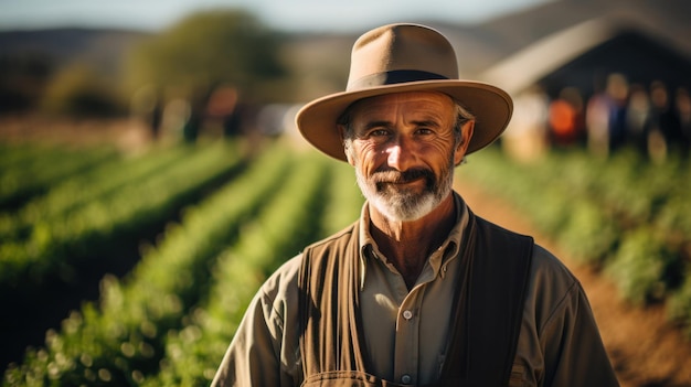 Un granjero de pie con orgullo en un campo verde y exuberante