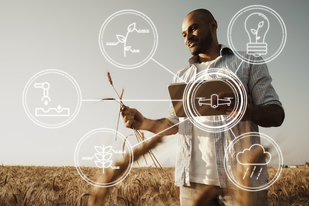 Granjero de pie con tableta digital en un campo de trigo utilizando tecnologías modernas en la agricultura