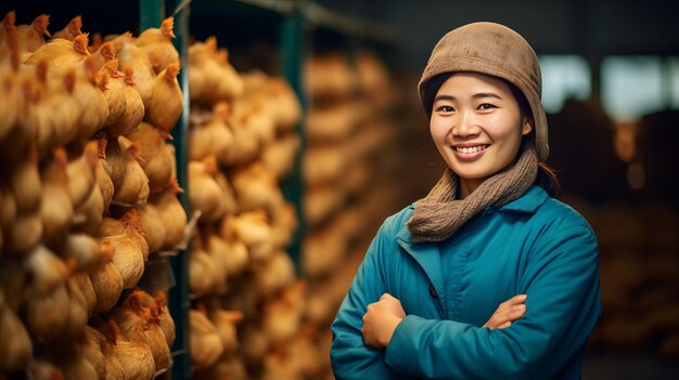 Un granjero de pollos asiático sonriente está de pie con los brazos cruzados en el cobertizo de aves