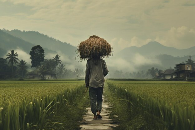 Un granjero que lleva una carga de arroz está caminando solo