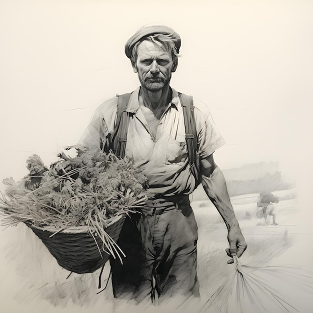 Un granjero que lleva una cesta de cultivos recién cosechados dibujo al carboncillo