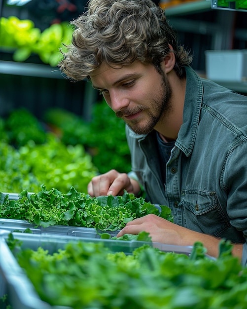 Un granjero que usa una cosechadora robótica de lechuga