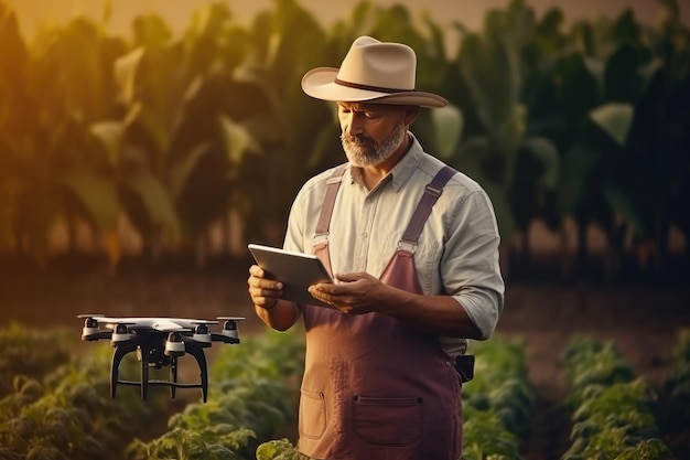 Granjero que usa tecnologías modernas en agricultura