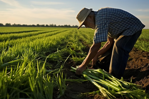 Granjero recoge cebollas verdes en el campo agrícola