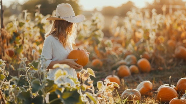 Foto un granjero recogiendo calabazas del campo