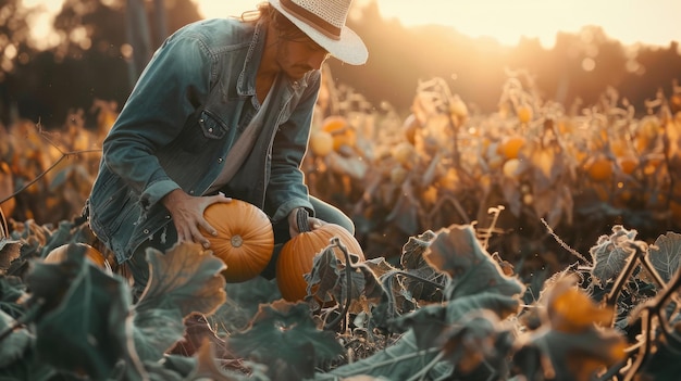 Foto un granjero recogiendo calabazas del campo