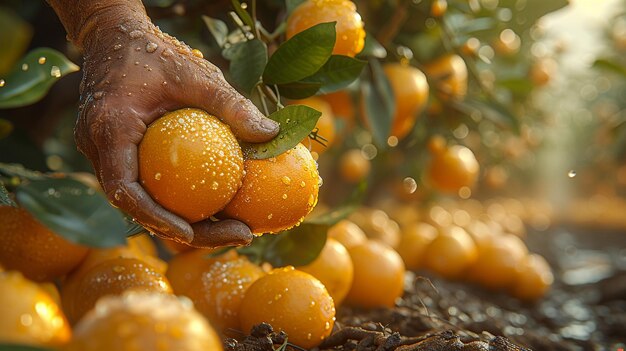 Foto un granjero recogiendo naranjas