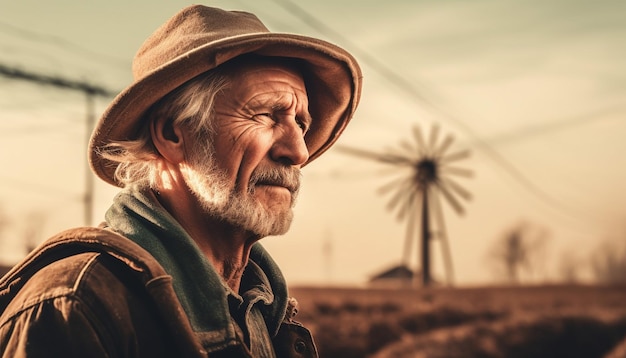 Granjero senior sonriente con sombrero de paja al aire libre generado por IA