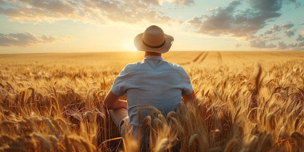 Foto un granjero está sentado en un campo de trigo y mirando la puesta de sol