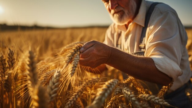 Granjero de sexo masculino comprueba los brotes de trigo en su campo