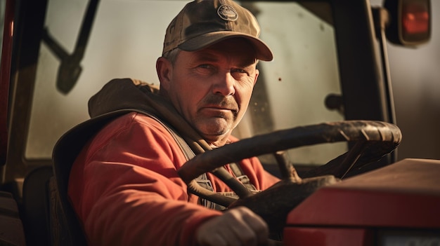 Un granjero se sienta en la parte trasera de un tractor