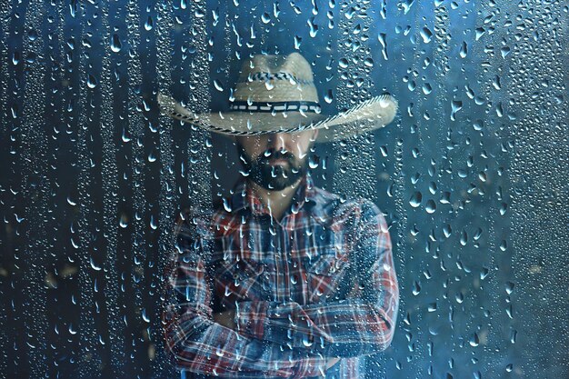 granjero con sombrero de paja detrás de gotas de lluvia de vidrio, clima estacional del salvaje oeste de América