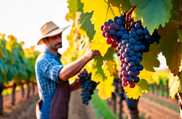 Un granjero con un sombrero recoge uvas para el vino en su granja