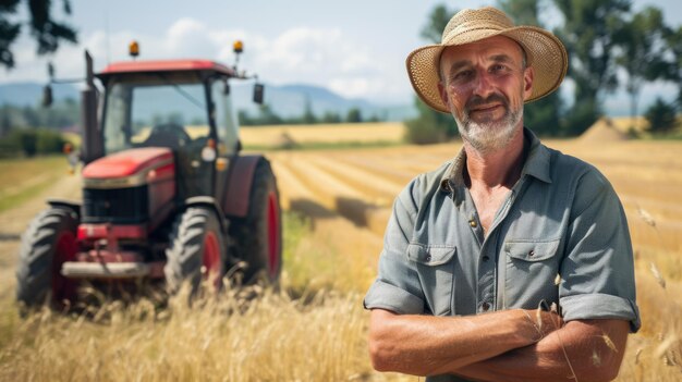 Un granjero sonriente está de pie frente a su tractor rojo en el campo