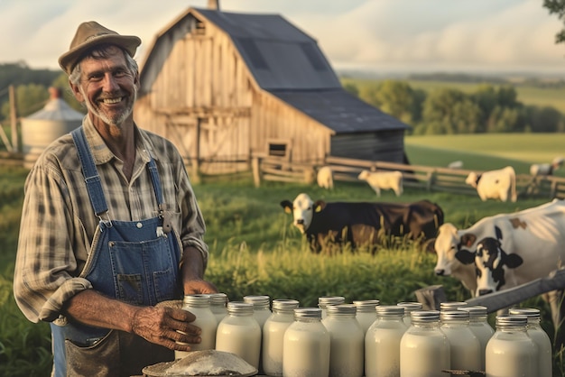 Foto un granjero sonriente con un mono ofrece frascos de leche y yogur frescos de la granja con su granero rústico y