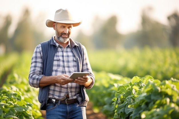 Un granjero sonriente de pie en el campo con una tableta AI Generative