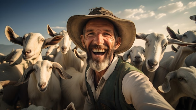 Granjero sonriente con un rebaño de cabras