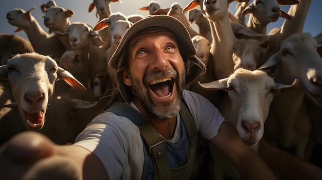 Granjero sonriente con un rebaño de cabras