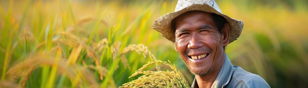 Un granjero sonriente con un sombrero orgullosamente sosteniendo un montón de arroz cosechado en un campo de arroz verde