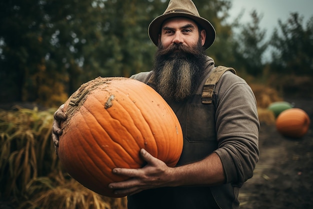 Un granjero sosteniendo una calabaza en sus brazos.