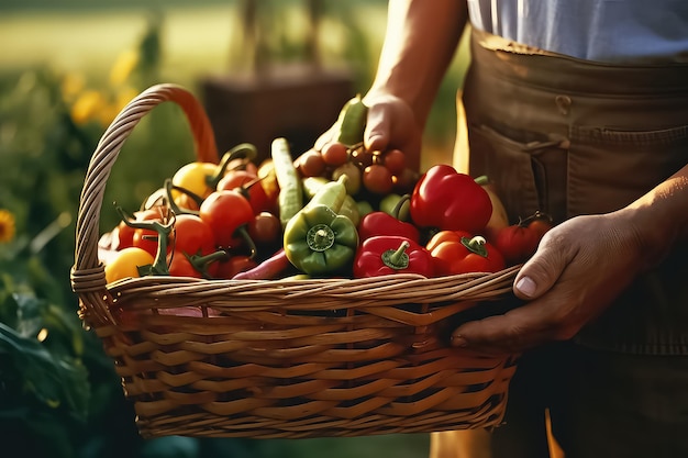 El granjero sostiene una canasta de madera con verduras crudas frescas