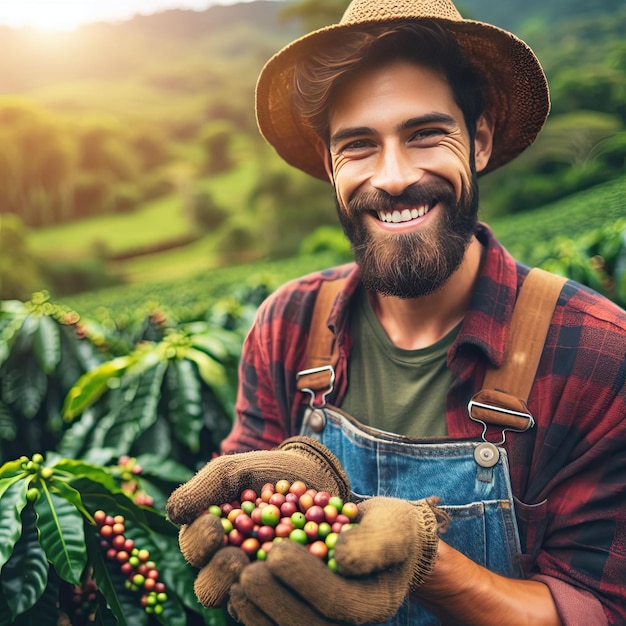 un granjero sostiene un montón de granos de café en sus manos