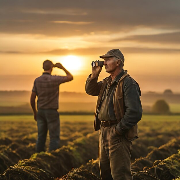 un granjero sostiene un par de binoculares en sus manos AI