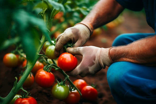 Un granjero sostiene tomates rojos maduros en sus manos