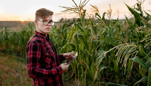 Granjero con tableta al atardecer en el campo de maíz, concepto de gestión agrícola