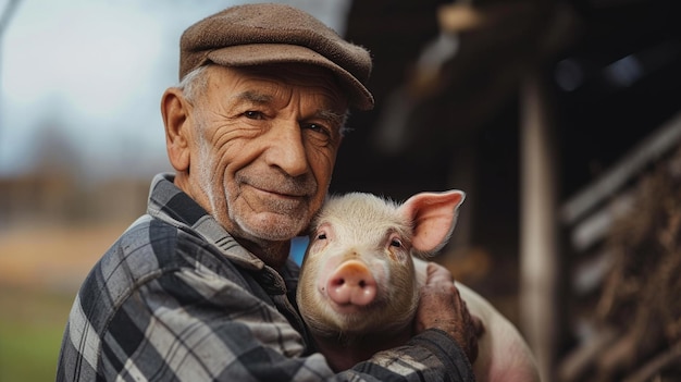 el granjero tiene un cerdo pequeño en sus manos