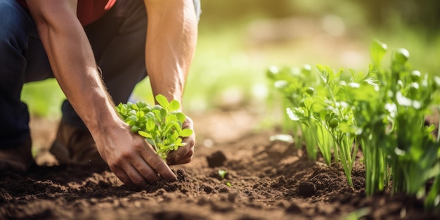 Foto un granjero trabaja en las camas de su tierra de cultivo ia generativa