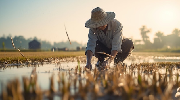 Un granjero trabaja en el campo de arroz en la naturaleza