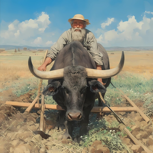 El granjero trabajador y el buey en el campo Ilustración colorida