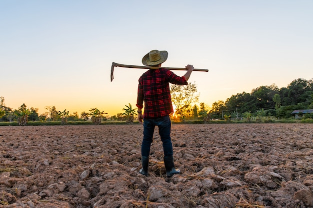 Granjero trabajando en el campo al atardecer al aire libre