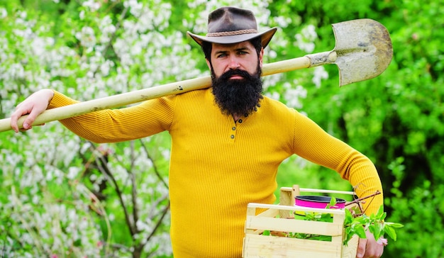 Granjero de trabajo de jardinero de primavera con pala de jardín preparándose para plantar hombre barbudo con sombrero con caja