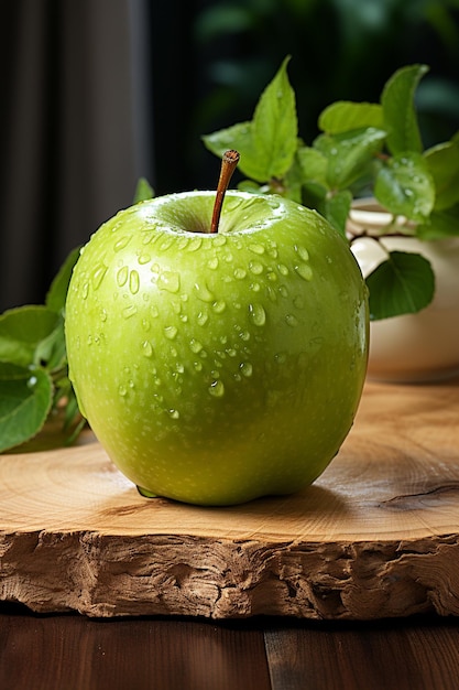 Granny-Smith-Apfel auf Holzhintergrund im Küchenzimmer, fotorealistisch, KI generiert