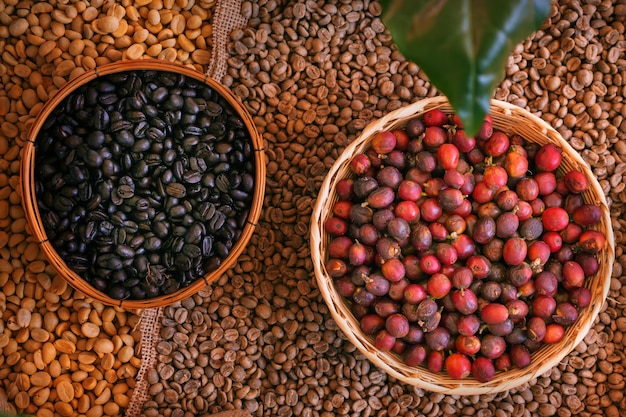 Grano de café y bayas en el fondo de la cesta