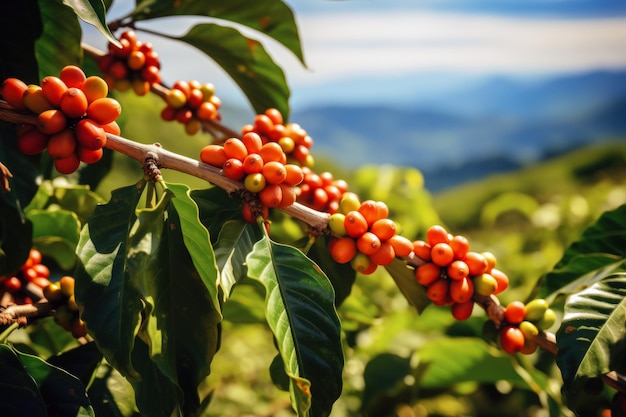 Grano de café de cereza rojo de primer plano en la rama de la planta de café