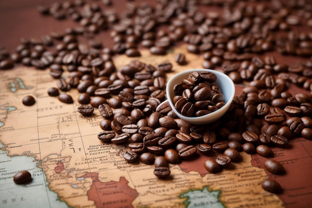 Grano de café en el mapa del mundo compras en línea para la exportación o importación