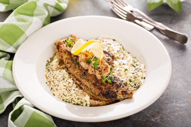 Grano con pescado frito y camarones