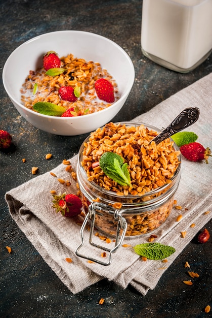 Granola casera de mezcla de cereales con fresa