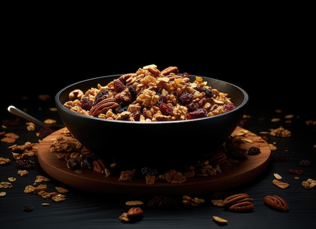 Granola com nozes e frutas secas em um fundo escuro Granola caseira em uma tigela de barro Vista superior Espaço de cópia Criado com tecnologia de IA generativa