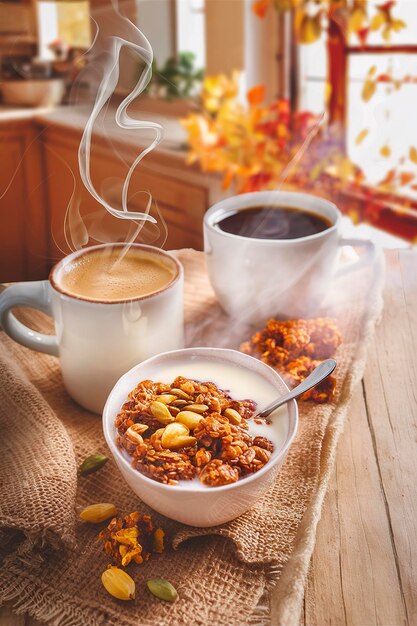 Foto granola de pequeno-almoço de abóbora com leite e café