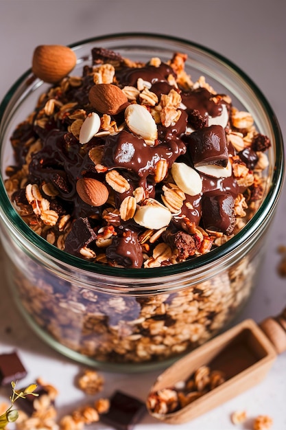 Granola de desayuno de chocolate en un frasco de vidrio