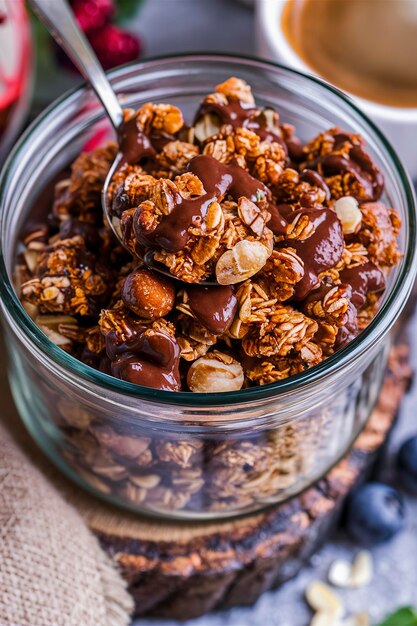 Granola de desayuno de chocolate en un frasco de vidrio