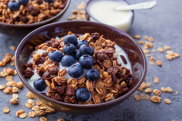 Granola de desayuno de chocolate con leche y arándanos