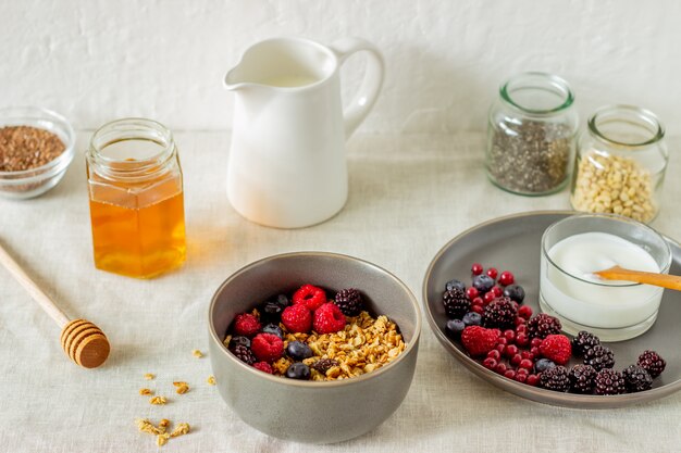 Granola con frutas del bosque, yogur y miel.