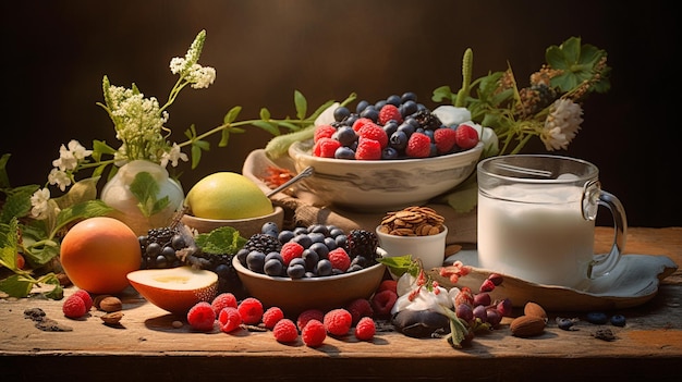 Foto granola y leche en una mesa de madera para el desayuno