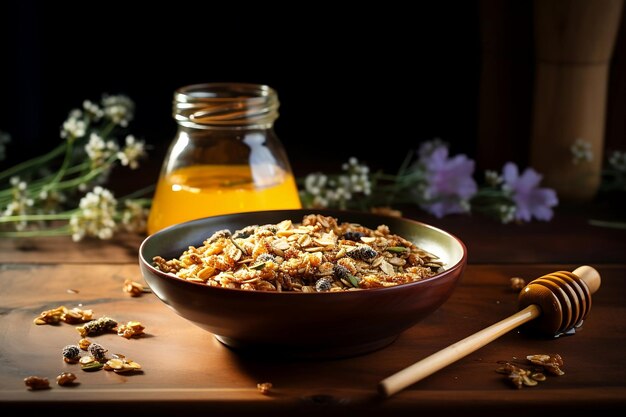 Granola num prato com iogurte e mel